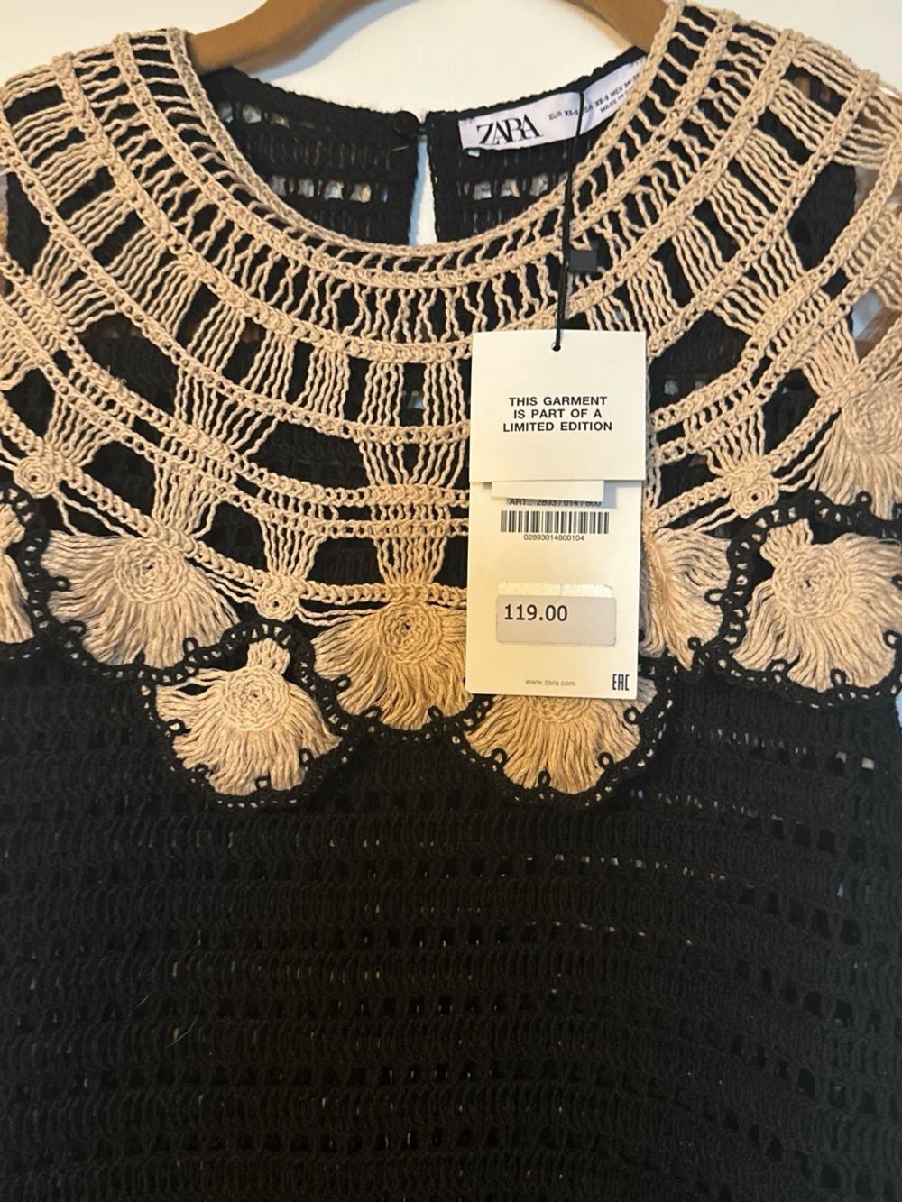 Zara Black Crochet Maxi Dress with Cream Floral Yoke XS/S - Picture 7 of 7